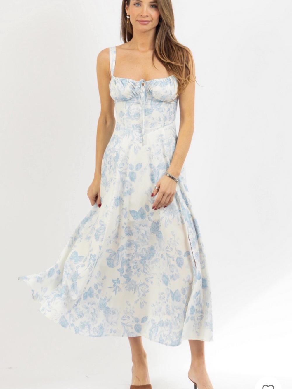 Women's Light Blue Floral Satin Robe Dress with Bust Detail